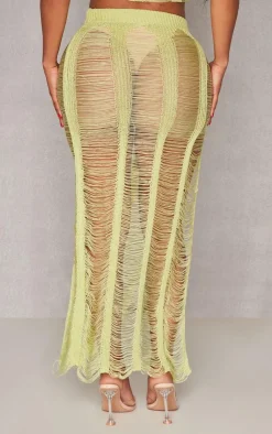 Online PrettyLittleThing Shape Knit Ladder Maxi Skirt Lime