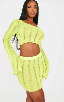 Clearance PrettyLittleThing Shape Ladder Knit Micro Mini Skirt Lime