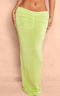 PrettyLittleThing Shape Slinky Acetate Low Rise Ruched Front Maxi Skirt Lime
