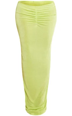 PrettyLittleThing Shape Slinky Acetate Low Rise Ruched Front Maxi Skirt Lime