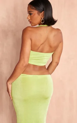 Hot PrettyLittleThing Shape Slinky Acetate Halterneck Bandeau Top Lime