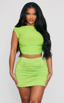 Sale PrettyLittleThing Shape Slinky Ruched Side Mini Skirt Lime