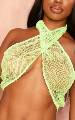 Clearance PrettyLittleThing Shape Textured Sequin Halterneck Bandeau Lime