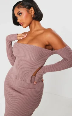 Best PrettyLittleThing Shape Knit Bardot Split Side Detail Top Mauve