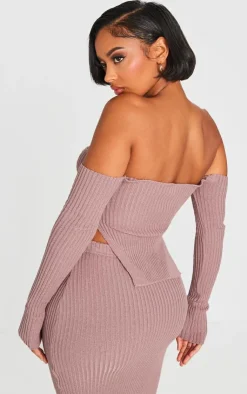 Best PrettyLittleThing Shape Knit Bardot Split Side Detail Top Mauve