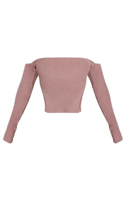Best PrettyLittleThing Shape Knit Bardot Split Side Detail Top Mauve