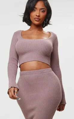 Hot PrettyLittleThing Shape Knit Ribbed Long Sleeve Scoop Crop Top Mauve