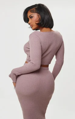Hot PrettyLittleThing Shape Knit Ribbed Long Sleeve Scoop Crop Top Mauve
