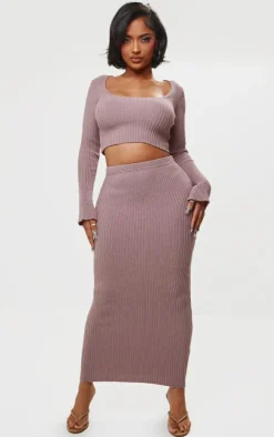 Hot PrettyLittleThing Shape Knit Ribbed Long Sleeve Scoop Crop Top Mauve
