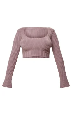 Hot PrettyLittleThing Shape Knit Ribbed Long Sleeve Scoop Crop Top Mauve