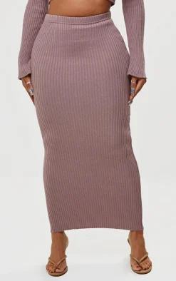 Sale PrettyLittleThing Shape Knit Ribbed Low Rise Maxi Skirt Mauve