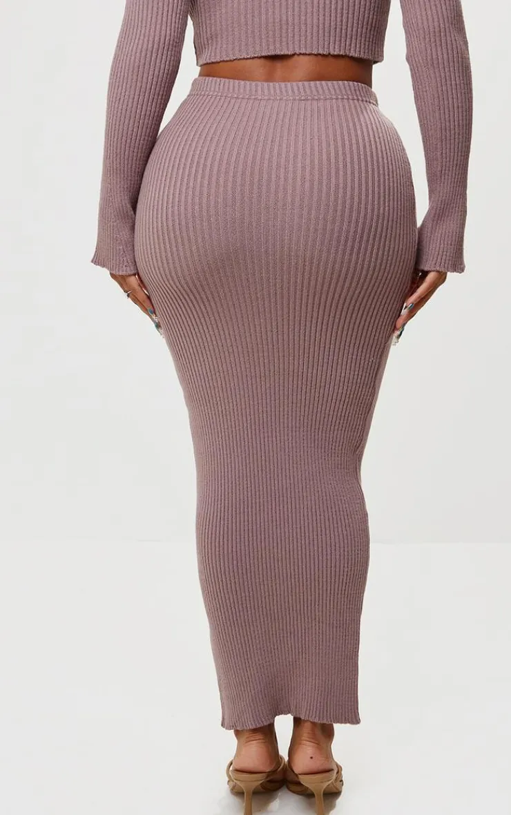 Sale PrettyLittleThing Shape Knit Ribbed Low Rise Maxi Skirt Mauve