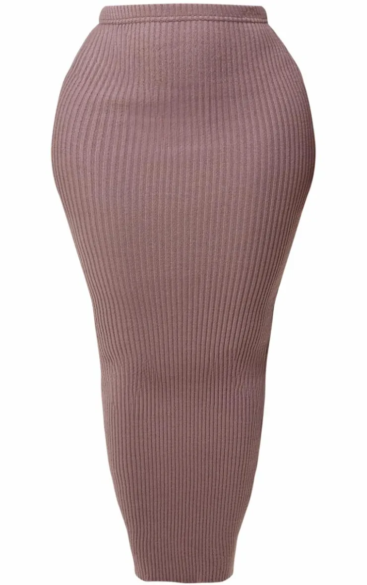 Sale PrettyLittleThing Shape Knit Ribbed Low Rise Maxi Skirt Mauve