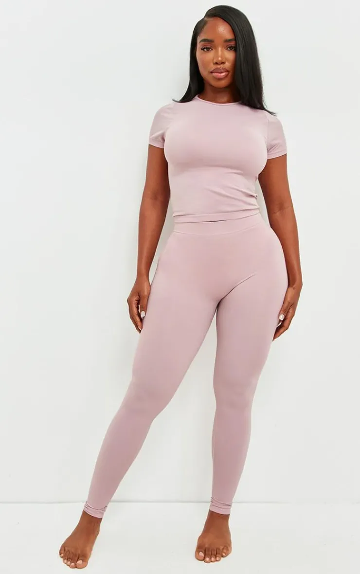 Clearance PrettyLittleThing Shape Stretch Seamless Short Sleeve Longline Top Mauve