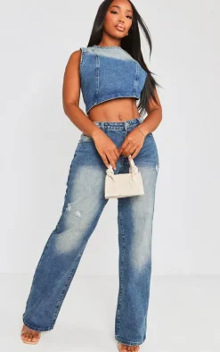 Best PrettyLittleThing Shape Washed Denim Wide Leg Jeans Mid Blue Acid Wash