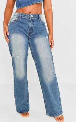 Best PrettyLittleThing Shape Washed Denim Wide Leg Jeans Mid Blue Acid Wash