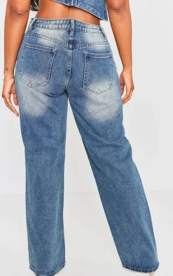 Best PrettyLittleThing Shape Washed Denim Wide Leg Jeans Mid Blue Acid Wash