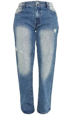 Best PrettyLittleThing Shape Washed Denim Wide Leg Jeans Mid Blue Acid Wash