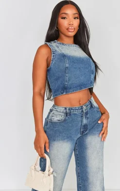 Best PrettyLittleThing Shape Denim Washed Asymmetric Crop Top Mid Blue Acid Wash