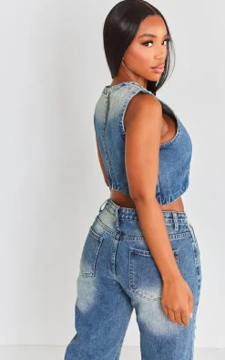 Best PrettyLittleThing Shape Denim Washed Asymmetric Crop Top Mid Blue Acid Wash