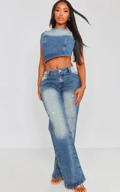 Best PrettyLittleThing Shape Denim Washed Asymmetric Crop Top Mid Blue Acid Wash