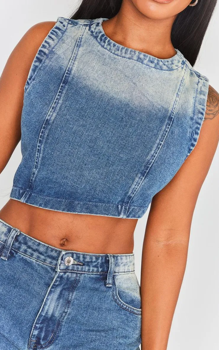 Best PrettyLittleThing Shape Denim Washed Asymmetric Crop Top Mid Blue Acid Wash