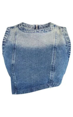 Best PrettyLittleThing Shape Denim Washed Asymmetric Crop Top Mid Blue Acid Wash