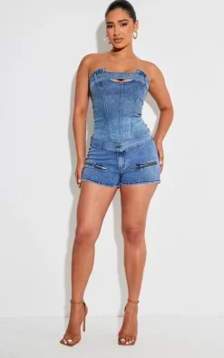 Clearance PrettyLittleThing Shape Denim Belt Detail Hot Pants Mid Blue Wash
