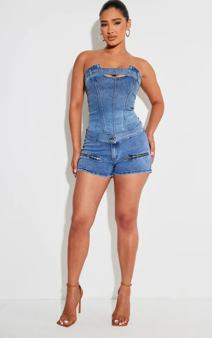 Clearance PrettyLittleThing Shape Denim Belt Detail Hot Pants Mid Blue Wash