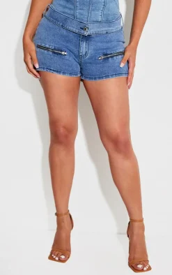 Clearance PrettyLittleThing Shape Denim Belt Detail Hot Pants Mid Blue Wash
