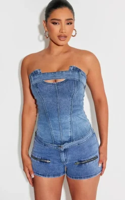 Clearance PrettyLittleThing Shape Denim Belt Detail Hot Pants Mid Blue Wash