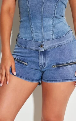 Clearance PrettyLittleThing Shape Denim Belt Detail Hot Pants Mid Blue Wash