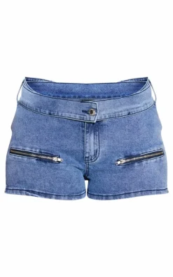 Clearance PrettyLittleThing Shape Denim Belt Detail Hot Pants Mid Blue Wash