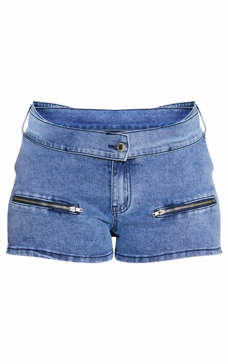 Clearance PrettyLittleThing Shape Denim Belt Detail Hot Pants Mid Blue Wash