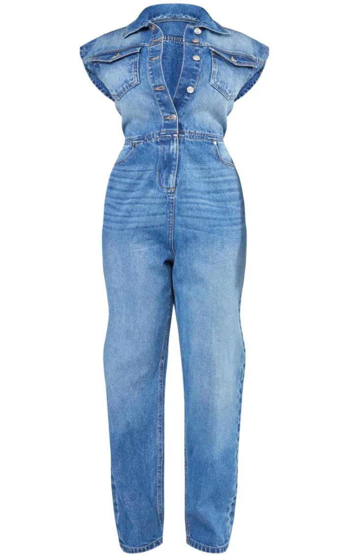 Shape Mid Blue Wash Sleeveless Rigid Denim Jumpsuit