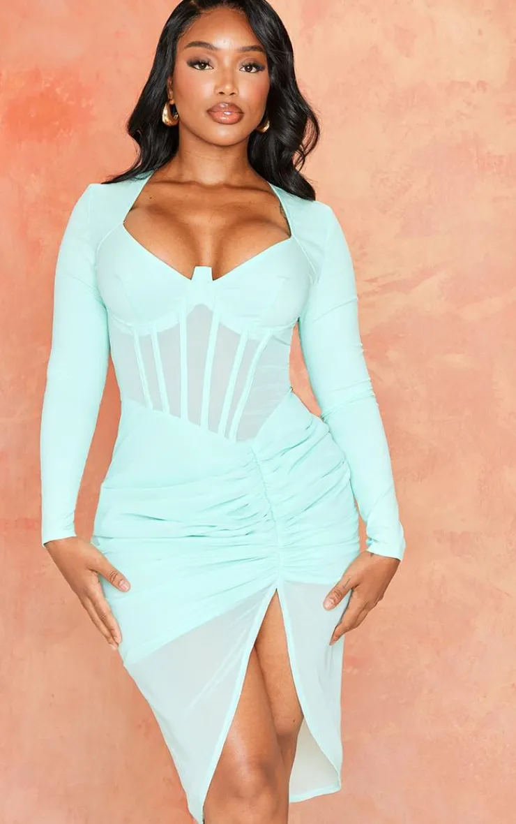 Shape Green Corset Detail Long Sleeve Ruched Midi Dress-PrettyLittleThing Discount