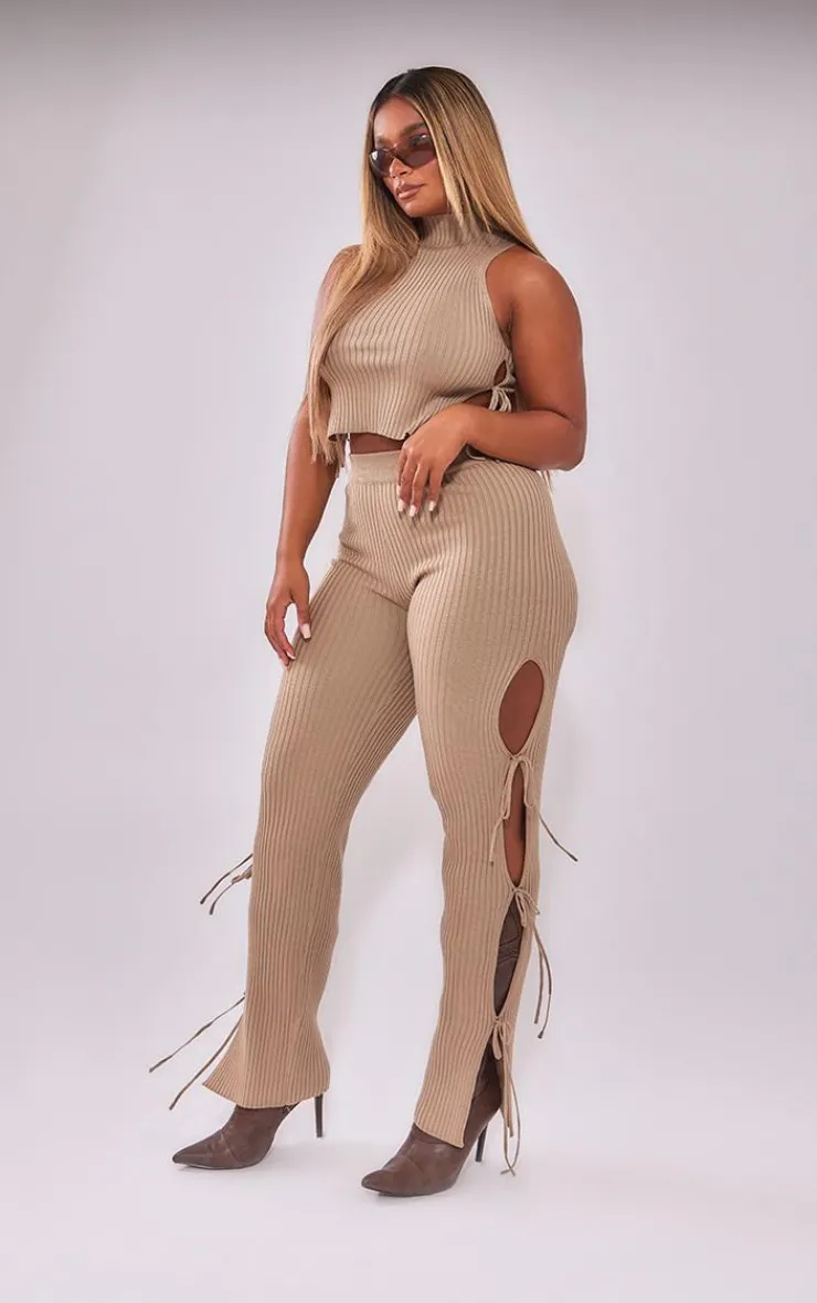 Best PrettyLittleThing Shape Knit Tie Side Flared Pants Mocha