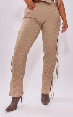 Best PrettyLittleThing Shape Knit Tie Side Flared Pants Mocha