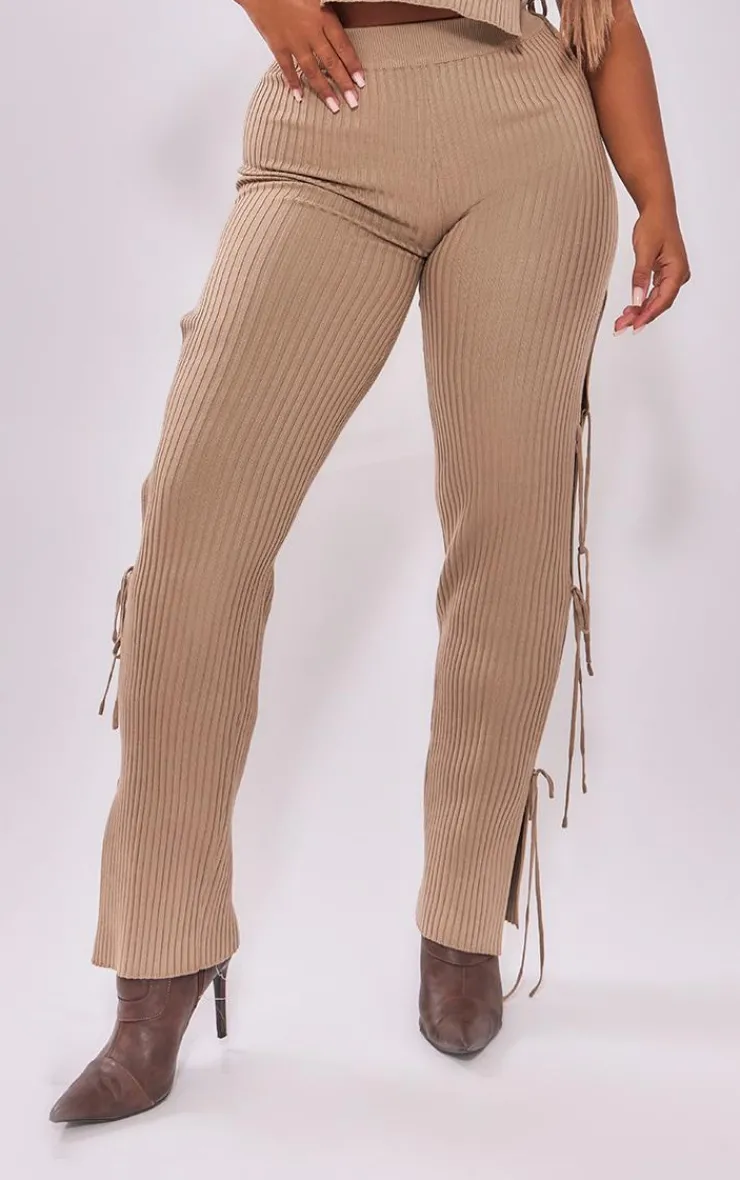 Best PrettyLittleThing Shape Knit Tie Side Flared Pants Mocha