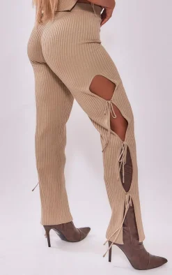 Best PrettyLittleThing Shape Knit Tie Side Flared Pants Mocha