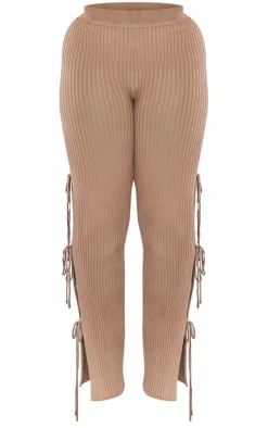 Best PrettyLittleThing Shape Knit Tie Side Flared Pants Mocha