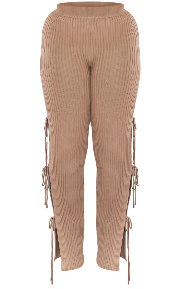 Best PrettyLittleThing Shape Knit Tie Side Flared Pants Mocha