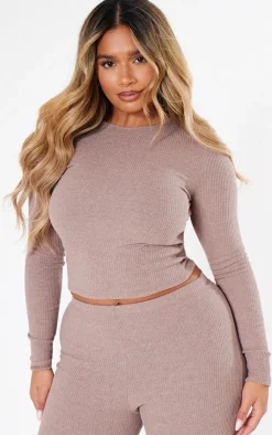 Online PrettyLittleThing Shape Marl Rib Long Sleeve Top Mocha