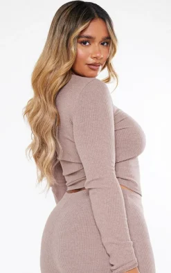 Online PrettyLittleThing Shape Marl Rib Long Sleeve Top Mocha