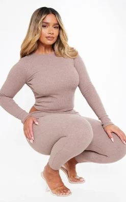 Online PrettyLittleThing Shape Marl Rib Long Sleeve Top Mocha