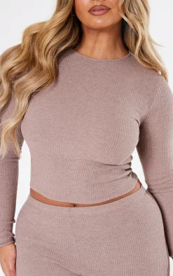 Online PrettyLittleThing Shape Marl Rib Long Sleeve Top Mocha