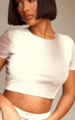 Clearance PrettyLittleThing Shape Mesh Cropped T-Shirt Mocha