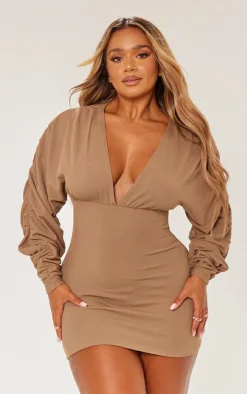 Shape Soft Rib Plunge Ruched Sleeve Bodycon Dress-PrettyLittleThing Hot