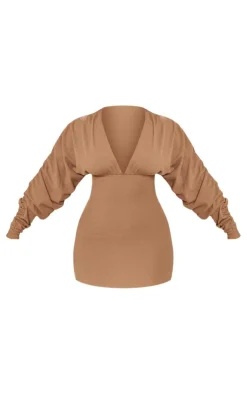 Shape Soft Rib Plunge Ruched Sleeve Bodycon Dress-PrettyLittleThing Hot