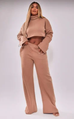 Discount PrettyLittleThing Shape Toggle Waist Wide Leg Sweatpants Mocha